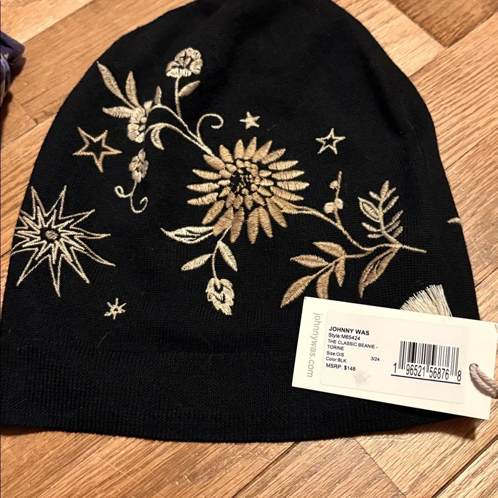 Johnny Was Black Beanie with Gold Embroidered Stars & Florals - Picture 2 of 6